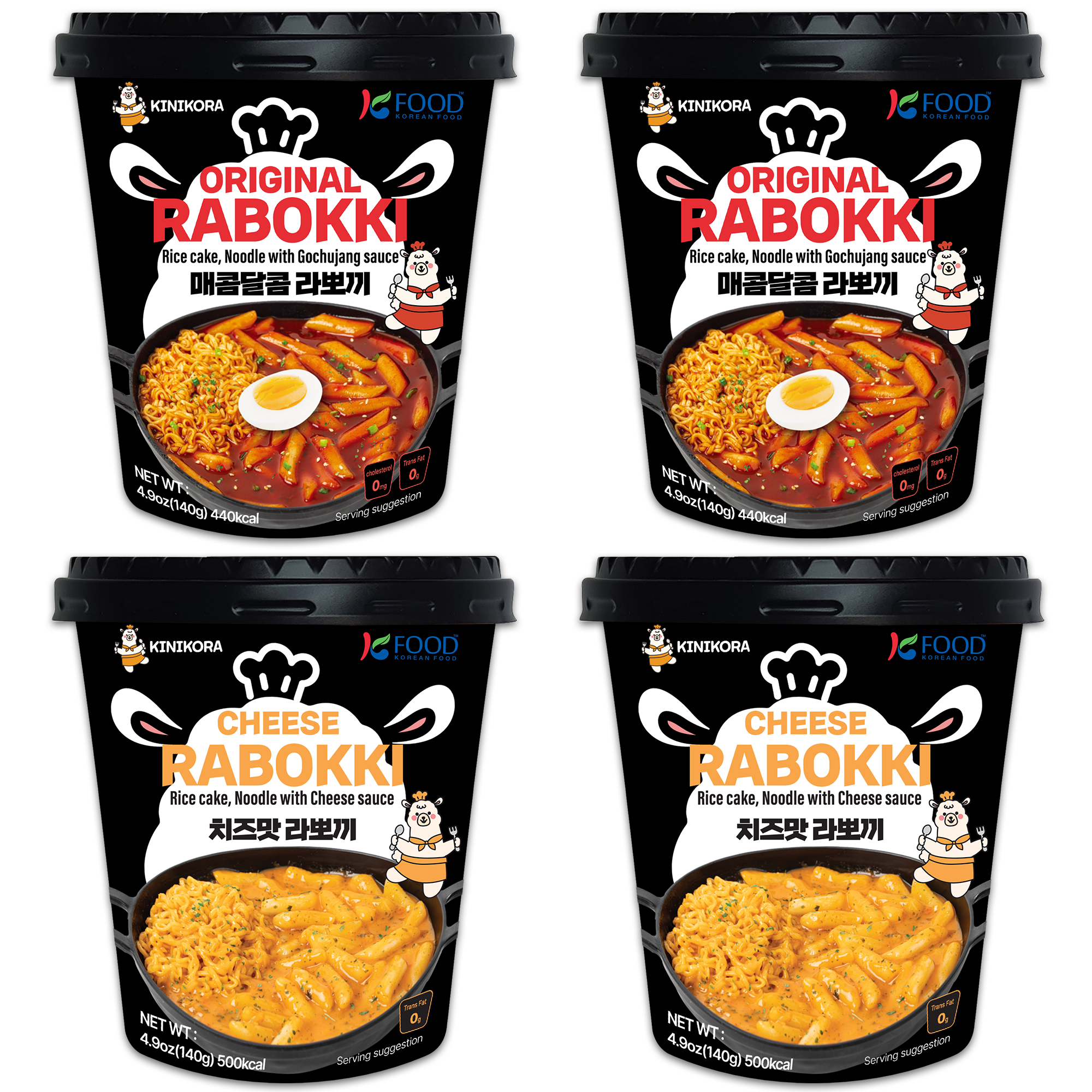 KINIKORA Instant Rabokki Cup 2-flavor set: Original Spicy and Cheese flavor with Ramen noodles and rice cakes.