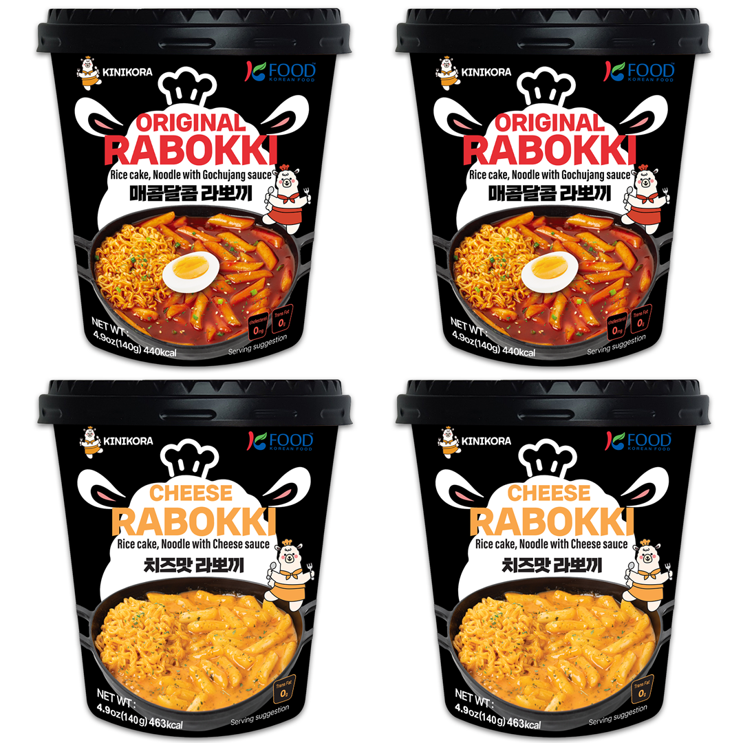 KINIKORA Instant Rabokki Cup 2-flavor set: Original Spicy and Cheese flavor with Ramen noodles and rice cakes.