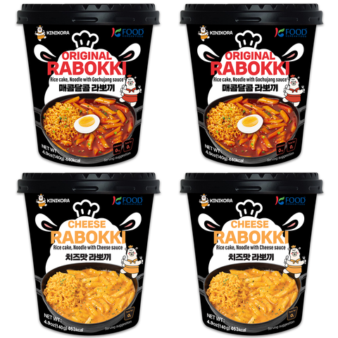 KINIKORA Instant Rabokki Cup 2-flavor set: Original Spicy and Cheese flavor with Ramen noodles and rice cakes.