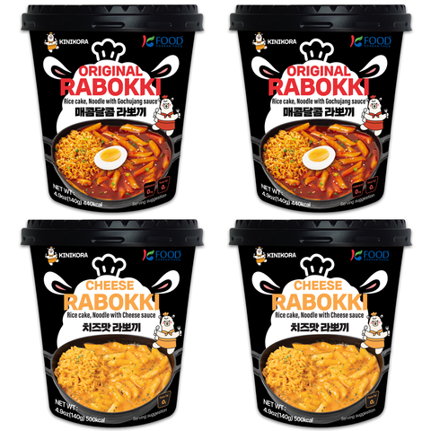 KINIKORA Instant Rabokki Cup 2-flavor set: Original Spicy and Cheese flavor with Ramen noodles and rice cakes.