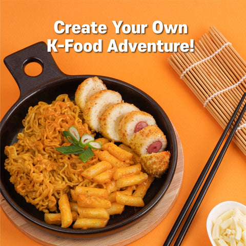 KINIKORA Instant Rabokki Cup 2-flavor set: Original Spicy and Cheese flavor with Ramen noodles and rice cakes.