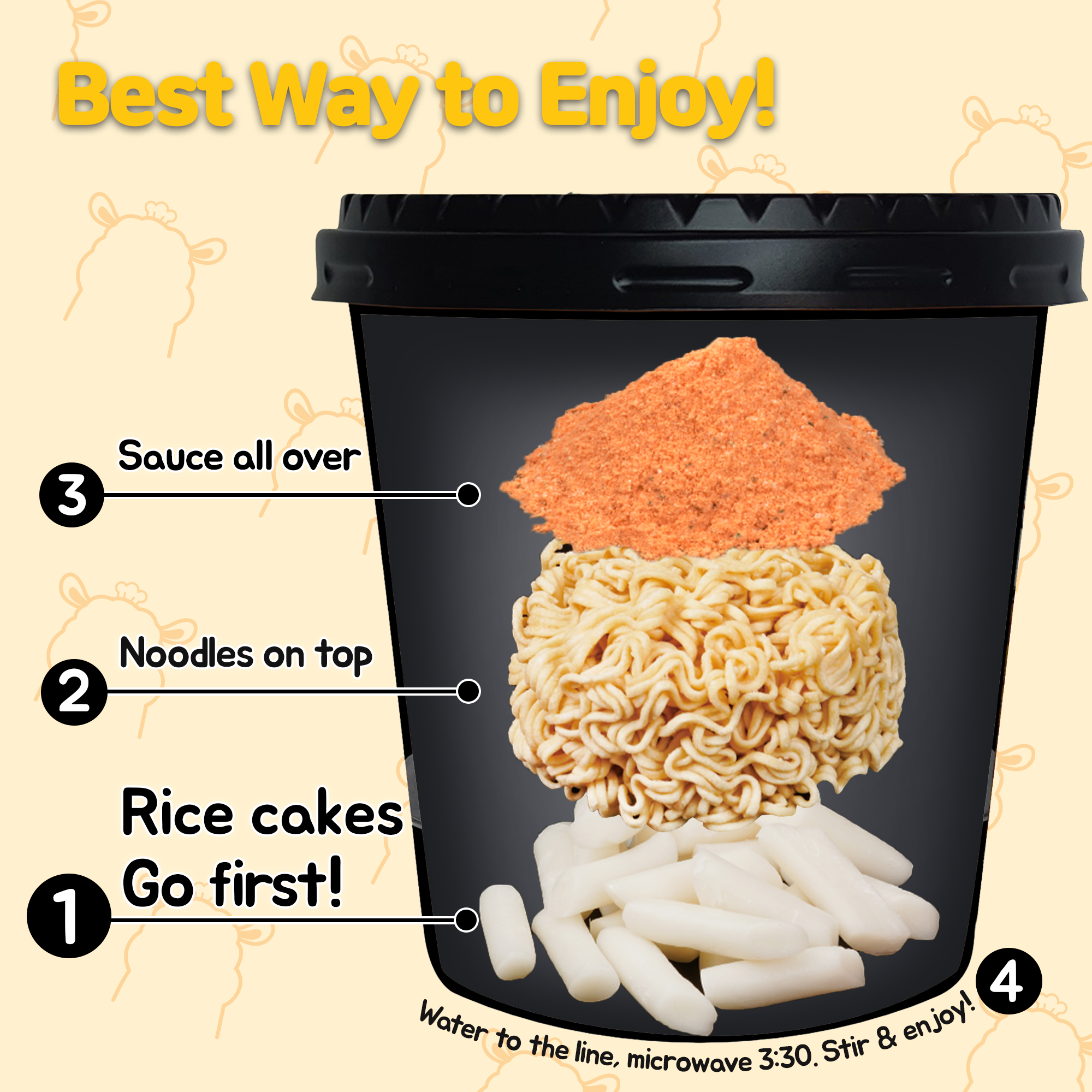 KINIKORA Instant Rabokki Cup 2-flavor set: Original Spicy and Cheese flavor with Ramen noodles and rice cakes.