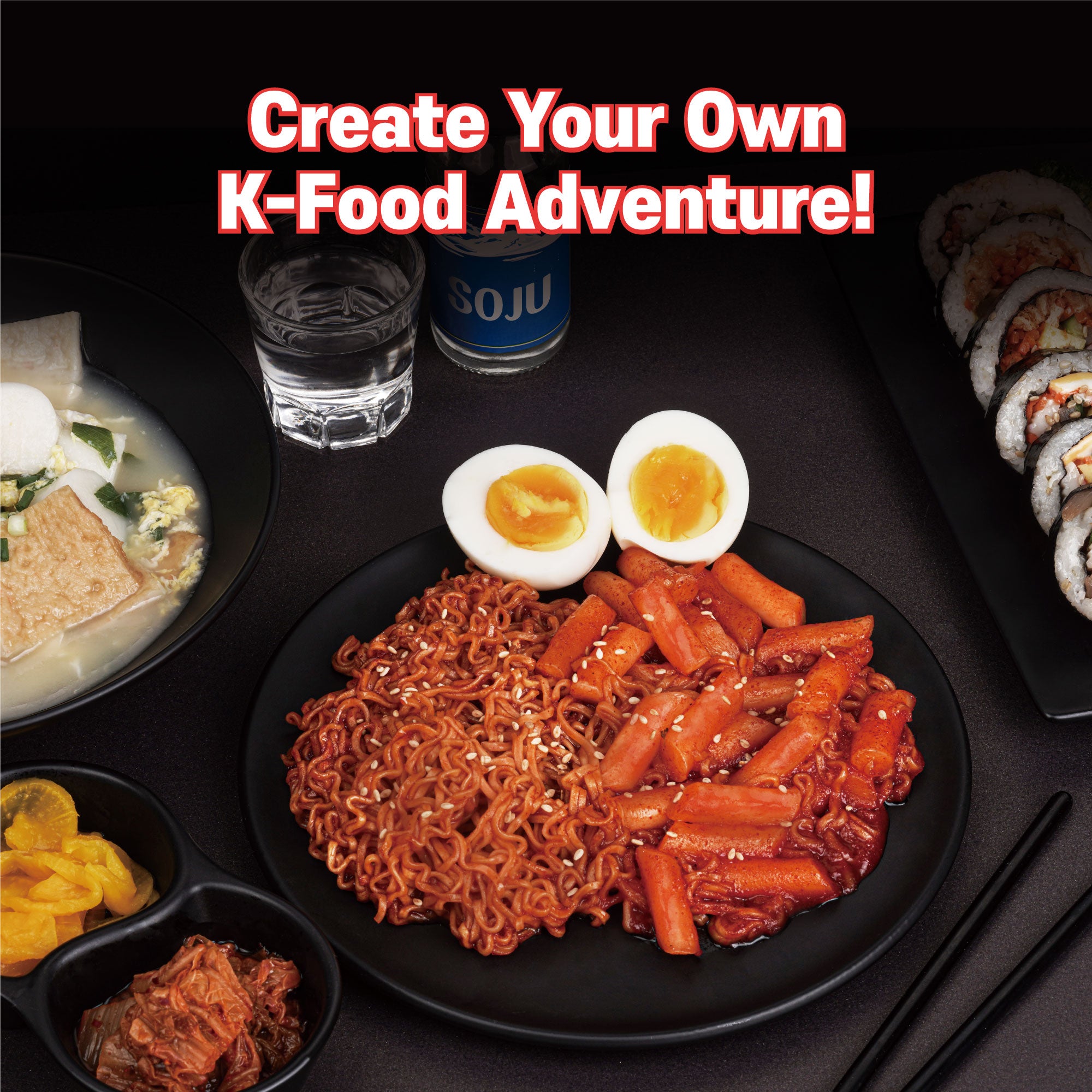 KINIKORA Instant Rabokki Cup 2-flavor set: Original Spicy and Cheese flavor with Ramen noodles and rice cakes.