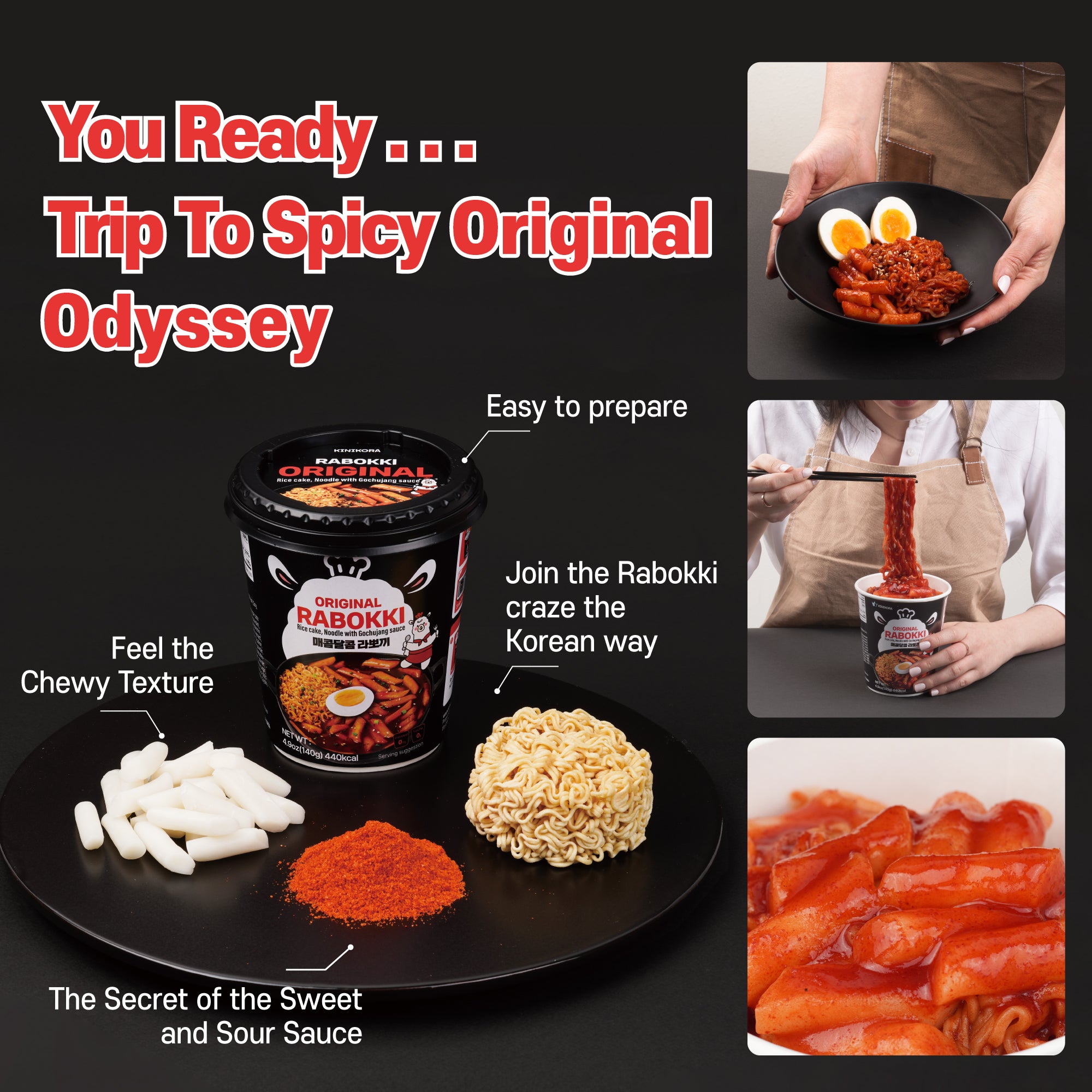 KINIKORA Instant Rabokki Cup 2-flavor set: Original Spicy and Cheese flavor with Ramen noodles and rice cakes.