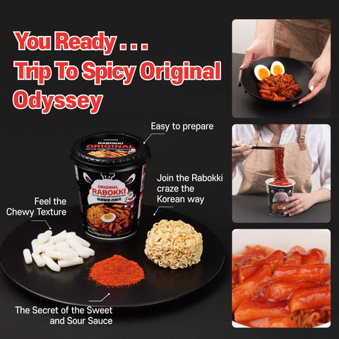 KINIKORA Instant Rabokki Cup 2-flavor set: Original Spicy and Cheese flavor with Ramen noodles and rice cakes.