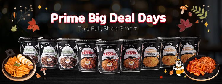 Promotional banner for 'Prime Big Deal Days' with various food products on a dark background.