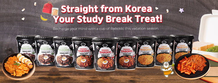 Packaged snacks with promotional text for a Korean study break treat on a wooden surface.