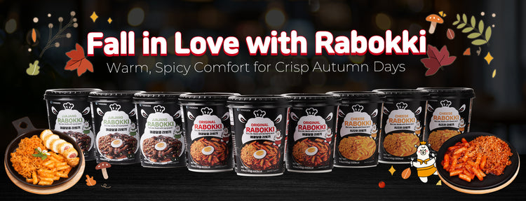 Promotional banner for Rabokki with packaging and autumn-themed elements.
